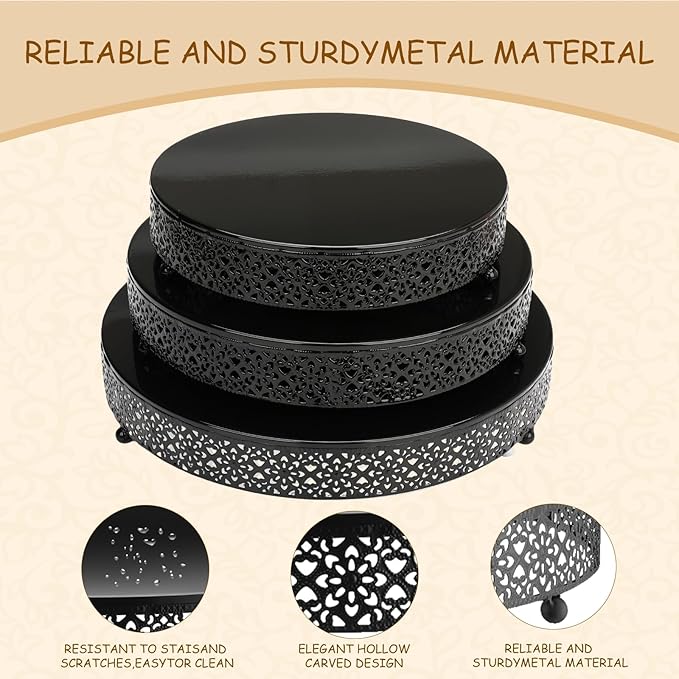 3 Piece Cake Stands Set 16'' 14'' 12'' Round Metal Cake Stands Cupcake Stand Riser Pastry Candy Display Plate for Dessert Table Wedding Event Birthday Anniversary Party (Black)