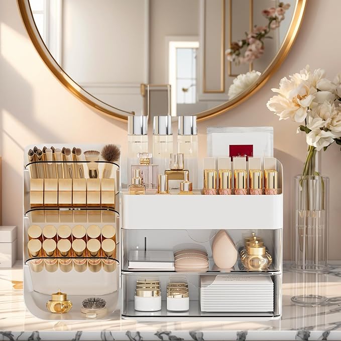 Makeup Organizer with 2 M Drawers & Brush Holders - Cosmetic Storage Case for Vanity, Bathroom Countertop & Desk - Skincare & Office Supplies Organizer (Cream, M)