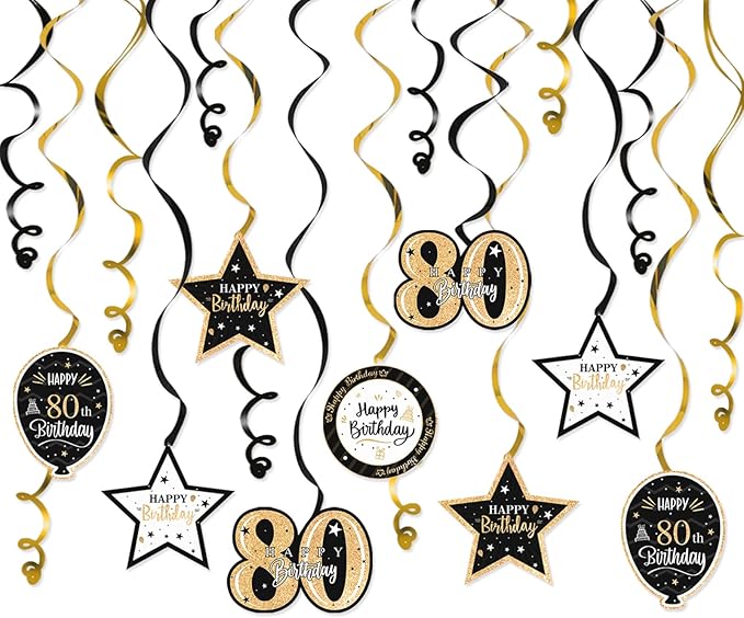 Happy 80th Birthday Black & Gold Glitter Swirls Streamers Party Decorations - 15 Pcs 80th Birthday Hanging Swirls Streamers Kit,Cheers to Eighty Years Old Bday Party Sign.