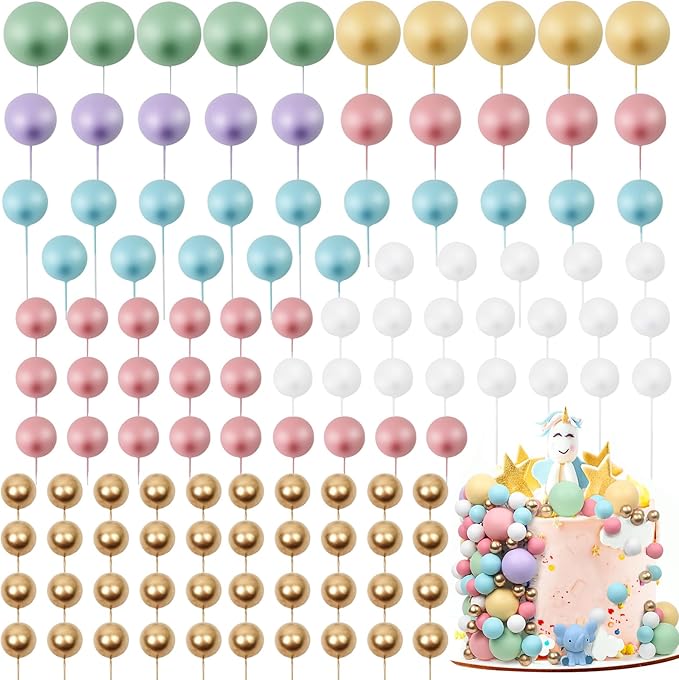 115 PCS Ball Cake Toppers - Mini Balloon Cake Decorations Pastel Foam Balls Cupcake Picks DIY Cake Insert Toppers for Birthday Party Wedding Baby Shower - Rainbow Theme