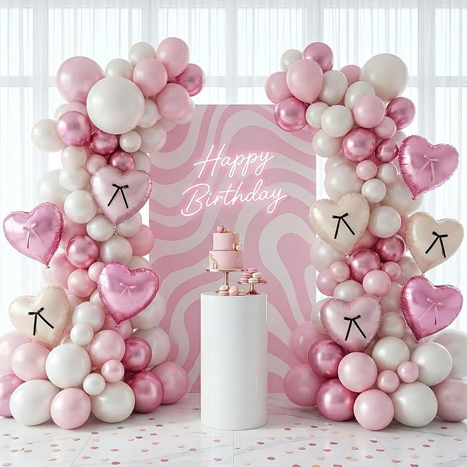Pink White Heart Balloons with Ribbon Bow, 12 Pcs Pastel Baby Pink Cream Heart Shape Foil Balloon, 18 Inch Helium Balloon with Bow Decor for Girls Birthday Baby Shower Bridal Wedding Coquette Party