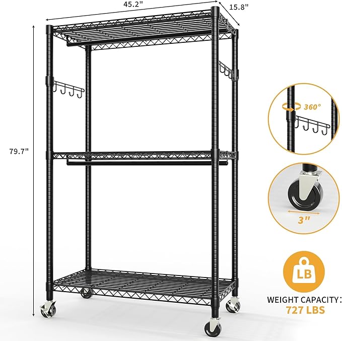 3-Tier Rolling Metal Garment Rack with Adjustable Shelves and Dual Hanging Rods, Heavy Duty Freestanding Clothing Organizer with Wheels for Bedroom, Closet, Dorm, or Laundry Room