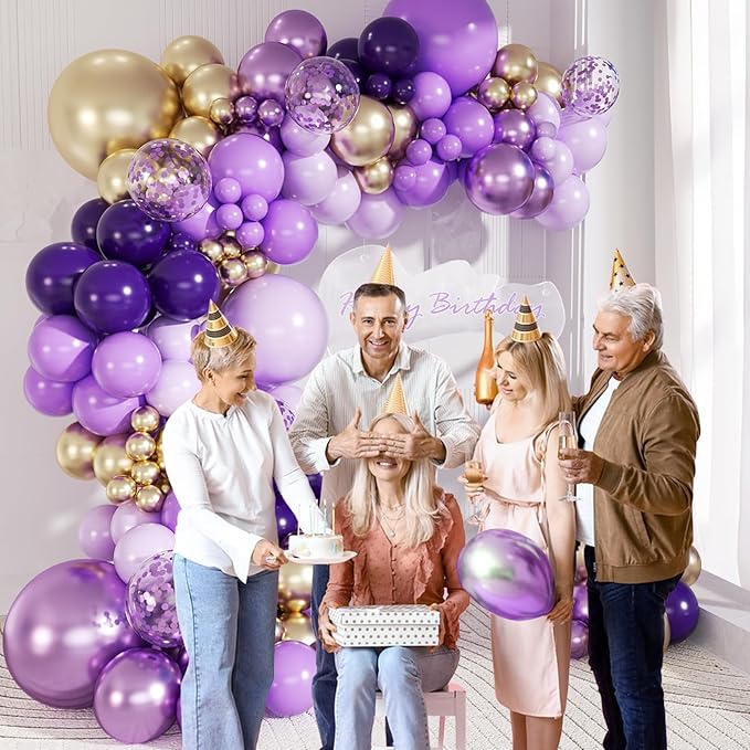 147pcs Purple and Gold Balloon Arch Kit, Party Decorations with Purple Light Purple Dark Purple Metallic Purple Balloons for Birthday Wedding Baby Shower Party Decoration Women