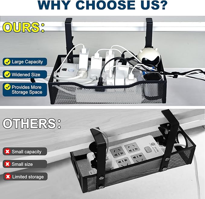 Large Under Desk Cable Management Tray - Heavy Duty Metal Cord Organizer with No Drill Installation for Office & Home Office Desks to Hide Wires & Power Strips (Black, XL)