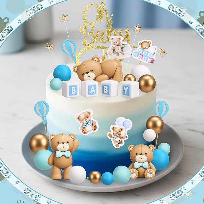 Beeveer 42 Pcs Bear Cake Toppers Bear Balls Cake Decorations Baby Shower Cupcake Toppers Candle Decorations Supplies for Birthday Party Wedding Baby Shower (Blue)