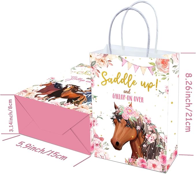 Tyndallrays 16 Pieces Horse Goodie Bags for Cowgirl Horse Birthday Party Supplies,Saddle Up and Gallop On Over Pink Floral Horse Gift Snacks Treat Candy Party Favors Bags with Handles