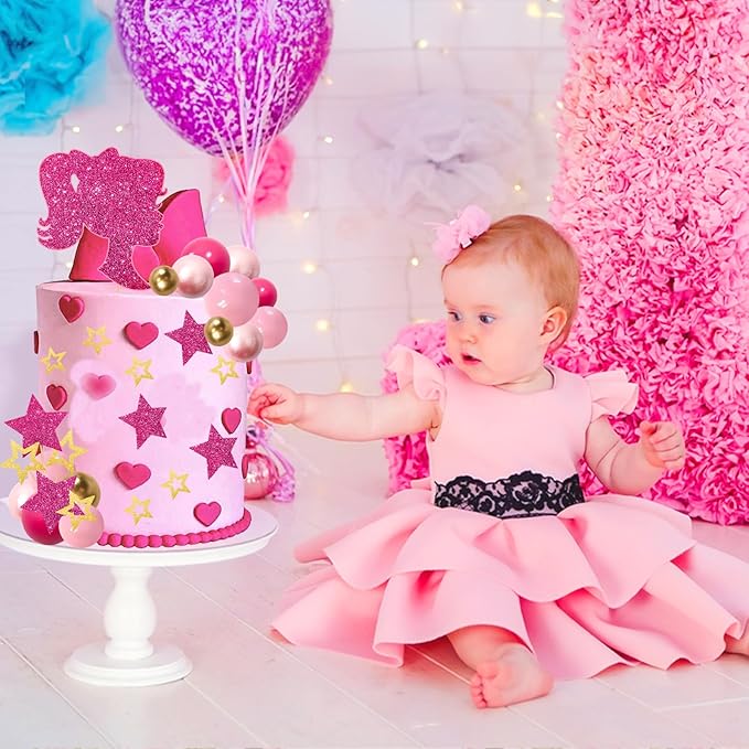 MEMOVAN Hot Pink Girl Cake Toppers 36pcs Ball Cake Decorations with Hot Pink Gold Balls Shiny Stars for Boho Girl Pink Princess Theme Wedding Baby Shower Birthday Party Supplies