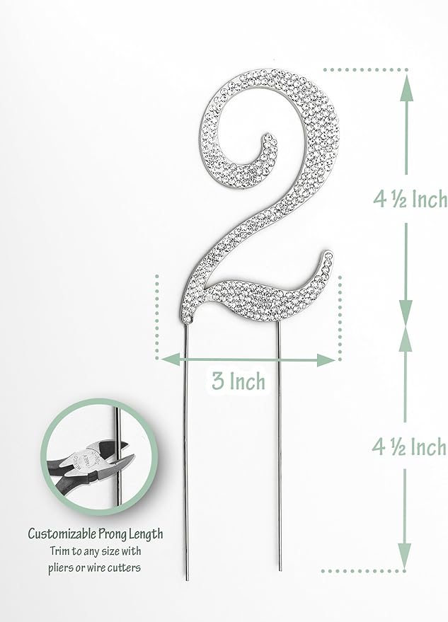 Sparkly Rhinestones Number 2 Cake Topper, Birthday Wedding Anniversary Silver Number 2