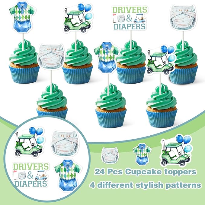 Cheereveal 24pcs Golf Baby Shower Party Cupcake Toppers, Drivers & Diapers Cake Decorations for Boys Green and Blue, Golf Sports Themed Gender Reveal Birthday Party Supplies