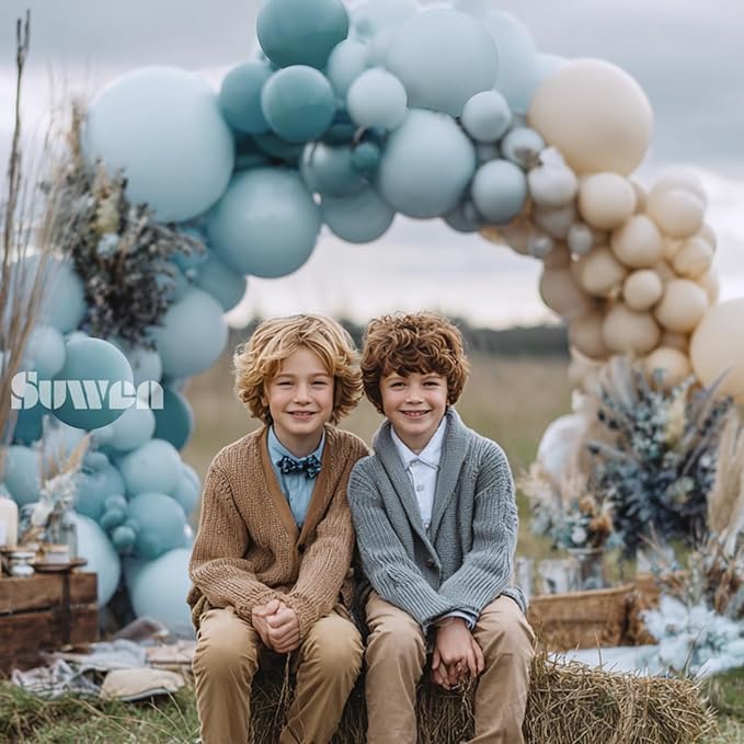 SUWEN Dusty Blue Balloons Arch Kit Garland 153Pcs Different Sizes of 18 10 5 Inch Light Blue and Sand White Balloons for Birthday Decoration Balloons Gender Reveal Party
