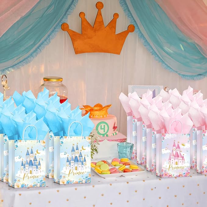 Sherr 30 Pcs Princess Prince Party Favor Bags with Handles Tissue Paper, Blue and Pink Castle Candy Goody Treat Bag Party Supplies for Girls Boys Gender Reveal Baby Shower Birthday Gift