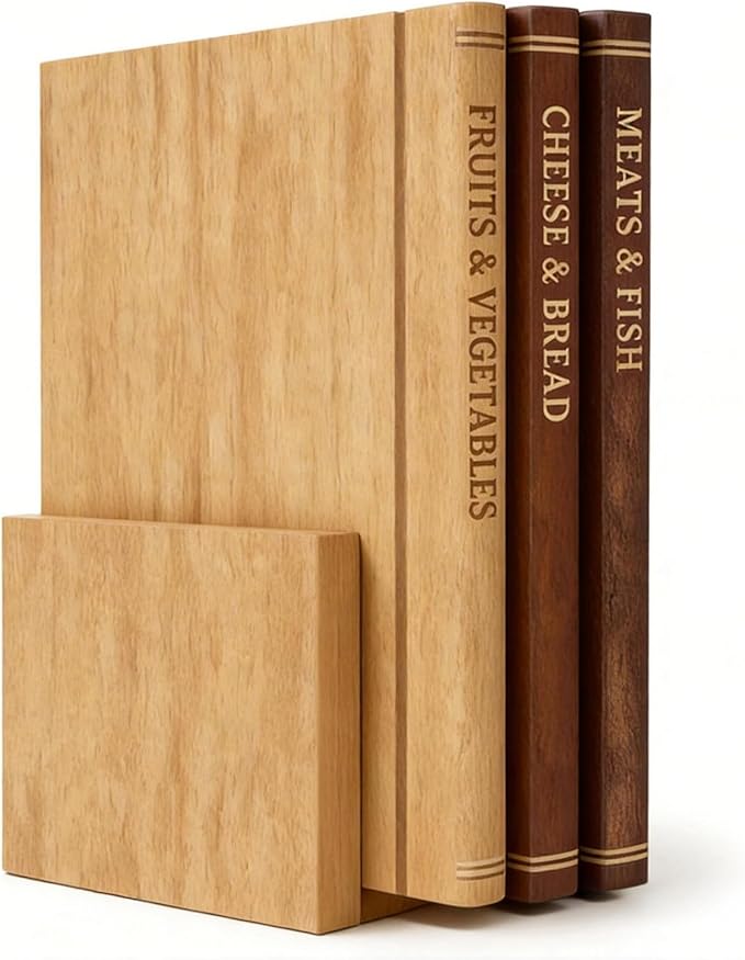 Book Cutting Board Set with Stand, 3-Piece Acacia Wood Boards That Look Like Books, Labeled Wooden Chopping Boards for Meat, Cheese, Bread & Vegetables, Kitchen Decor Gift