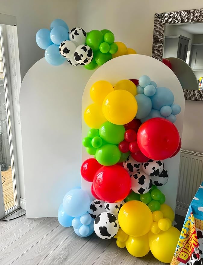 Red Yellow Blue Balloons 12 Inch Red Yellow and Blue Balloons with Sky Blue, Lime Green, Cloud Cow Print Balloon Colorful Latex Balloon for Birthday Baby Shower Farm Themed Party Decorations
