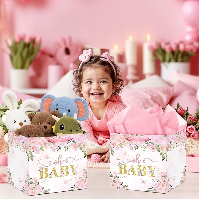 Extra Large Baby Gift Bag, Pink Floral Square Gift Bags Baby Shower Wrapping Paper Bag with Tissue Paper Oh Baby Jumbo Gift Bags for Sweet Baby Girl New Parents Gender Reveal Party Favors