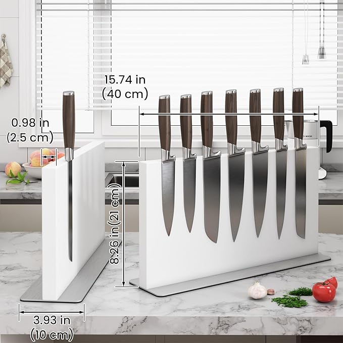 THMINS Large White Magnetic Knife Block Stainless Steel Double-Sided Magnetic Knife Holder, Universal Multi-function Display Rack for Kitchen Counter