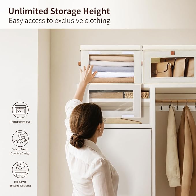 Homsorout Medium Fabric Storage bins - Collapsible Storage Bins with Open Window, 2 Pack Closet Baskets for Shelves, Stackable Decorative Boxes for Home, Dorm, Beige, 13.7"x 9.8"x 9.8"