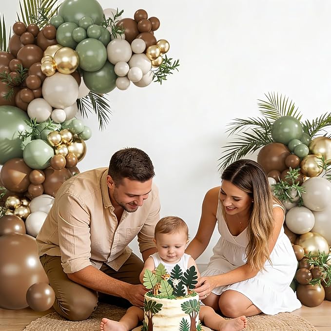 Sage Green Brown Balloon Arch Kit, 124Pcs Brown Green Sand White Gold Balloons for Safari Woodland Dinosaur Jungle Theme Baby Shower Wedding Birthday Party Decorations