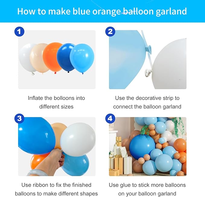 Orange and Blue Balloon Arch Kit, 127pcs Nude White Blue and Orange Balloons Different Sizes for Baby Shower Decorations Boys Birthday Party Decorations