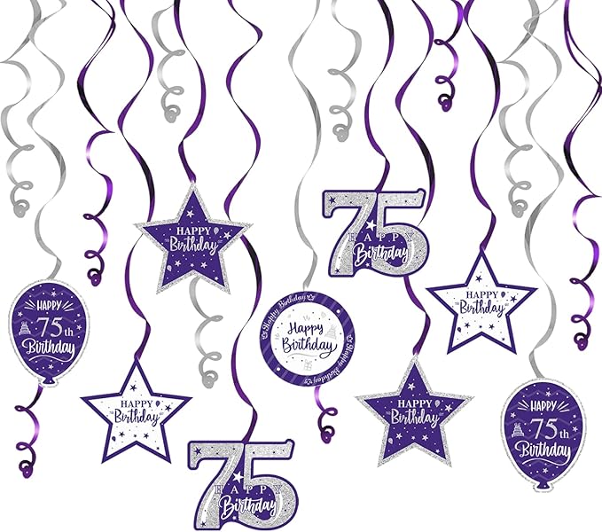 Happy 75th Birthday Purple & Silver Glitter Swirls Streamers Party Decorations - 15 Pcs 75th Birthday Hanging Swirls Streamers Kit,Perfect for 75th Bday Party Sign.