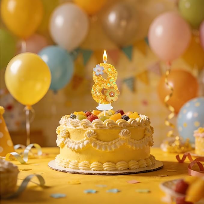 Yellow Birthday Candle, Flower Number Birthday Candles for Cake, Ideal Birthday Parties Cake Decor, Wedding Anniversary and Other Celebrations (8 Candle, Yellow)