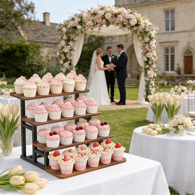 Cupcake Stand, 4 Tier Cupcake Stand for 50 Cupcakes, Set of 2 Rustic Wood & Metal Dessert Table Display Stand, Stepped Cupcake Tower, Dessert Riser for Wedding, Party & Farmers Market