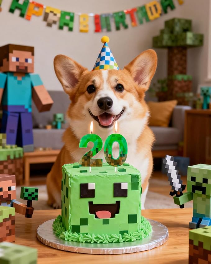 Pixel Birthday Candle, 2.68 Inch Miner Number Candles, Game Themed Candle Birthday Decoration for Pixel Theme Birthday Anniversary Dynamite Video Game Party (Green, 20)