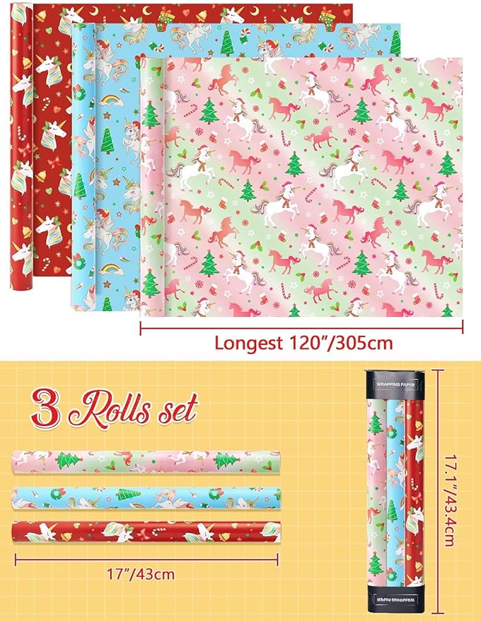 WERNNSAI Christmas Wrapping Paper - 3 Rolls 17” x 120” Christmas Unicorn Wrapping Paper Rolls Christmas Gift Wrap Paper Girls Birthday Wrapping Paper Holiday Wrapping Paper Unicorn Gift Wrap Paper