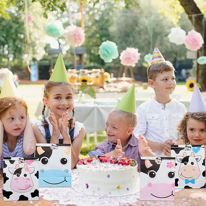 Leinuosen 24 Pack Cow Print Treat Candy Bags Cow Party Favor Gift Bags for Kids Farm Animal Themed Goodie Boxes for Cowboy Birthday Baby Shower Rodeo Party Supplies