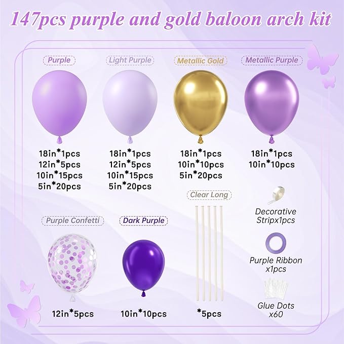 147pcs Purple and Gold Balloon Arch Kit, Party Decorations with Purple Light Purple Dark Purple Metallic Purple Balloons for Birthday Wedding Baby Shower Party Decoration Women