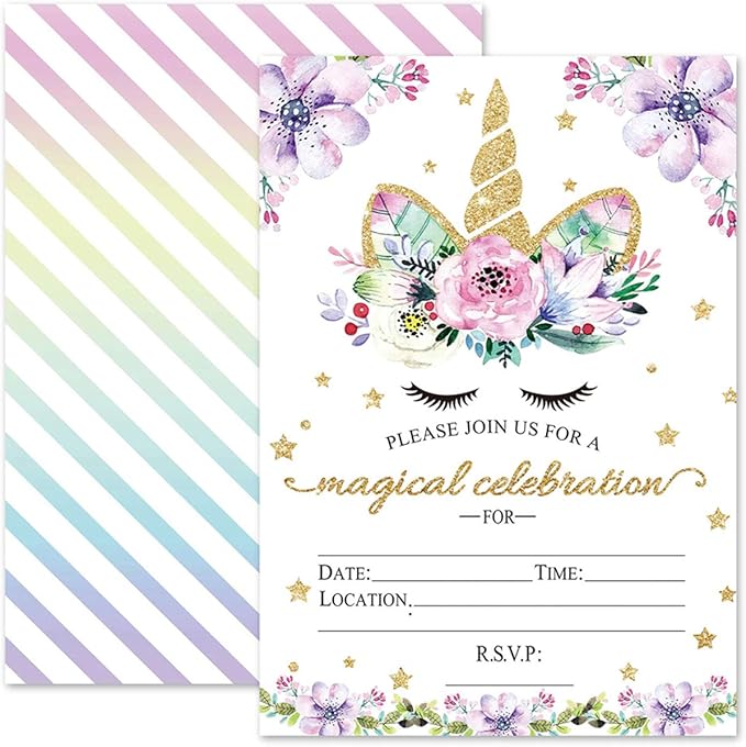 Magical Unicorn Birthday Invitations, Glitter Unicorn Invitations with Envelopes for Kids Birthday (24 Pack)