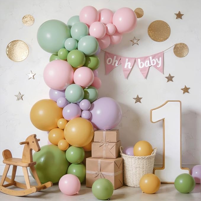 Dusty Green Pink and Purple Balloons Arch Kit, Pastel Balloon Arch Kit with Dusty Olive Green Light Pink Purple Mustard Yellow Balloons for Wildflower Graden Fairy Birthday Tea Party Decoration