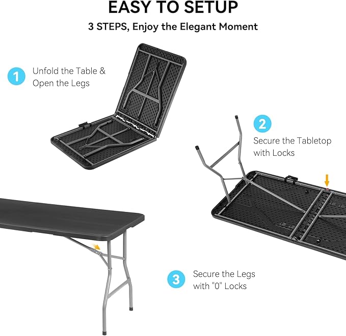 5 Pack of 6 Foot Foldable Table with Built in Handle & Steel Legs ,Heavy Duty Portable ,Perfect for Party, Dining, Wedding, Events, Picnic Indoor, Outdoor, Camping, Utility, Folding(Black-5pac)