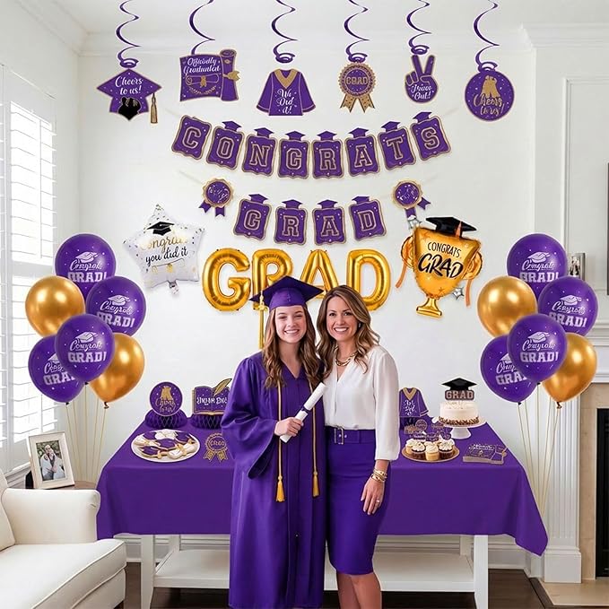 Purple Gold Balloon Garland Arch Kit with backdrop Stars Graduation Cap crown GRAD Letters Mylar Balloons for 2026 graduate Prom Decorations
