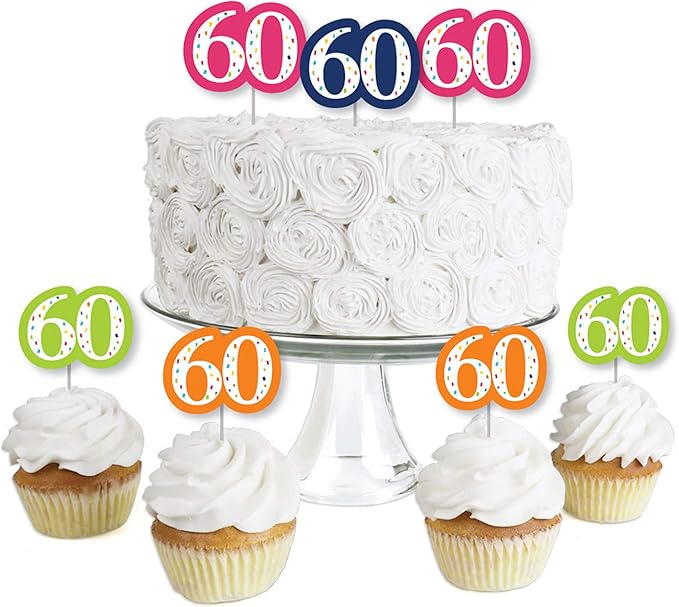 Big Dot of Happiness - 60th Birthday - Cheerful Happy Birthday - Dessert Cupcake Toppers - Colorful Sixtieth Birthday Party Clear Treat Picks - Set of 24