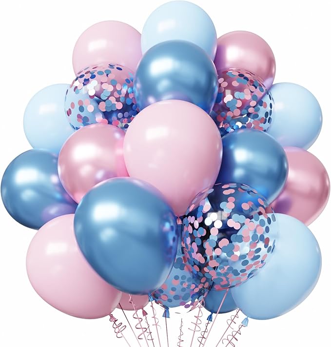 Pink and Blue Balloons, 50pcs 12 inch Metallic Blue Pink Confetti Balloons for Baby Shower Theme Party Supplies Gender Reveal Birthday Party Decorations