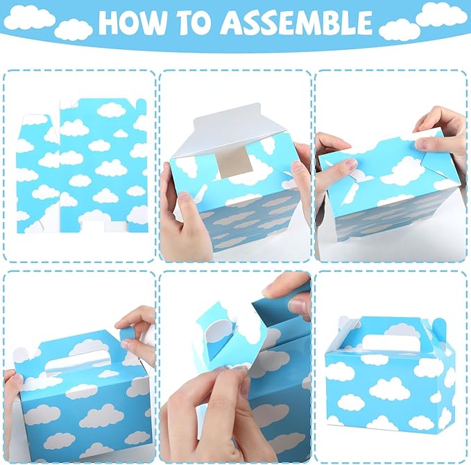 24Pcs Cartoon Story Birthday Party Favor Boxes for Toy Inspired Game Story Party Decorations Cow Print Sky Blue Cloud Treat Boxes Toy Party Goodies Boxes for Kids Baby Shower Party Supplies 5.9×5.9×3