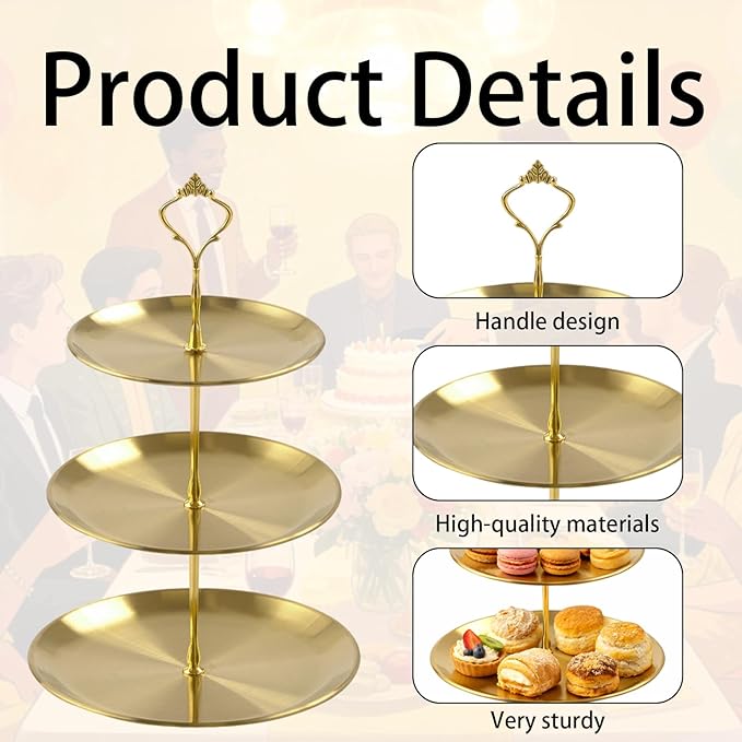 3 Pcs 3 Tier Stainless Steel Cupcake Stand, Gold Tiered Dessert Stand for Wedding, Birthday Party, Baby Shower, Tea Party, Graduation Ball (Gold)