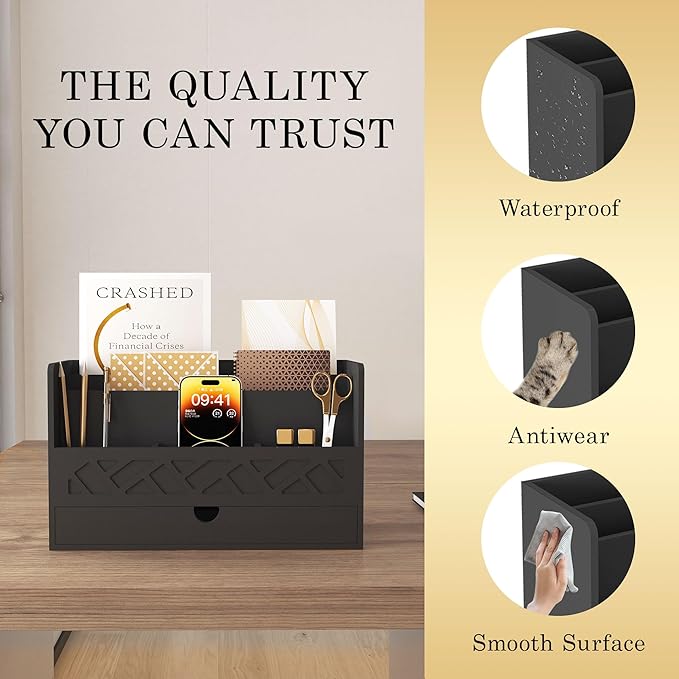 Bamboo Mail Organizer Countertop Desktop with Drawer - Desk Organizer with File Organizer for Office Supplies All-in-One Desk File Organization with Pencil Holder for Paper Letter Envelope Bill