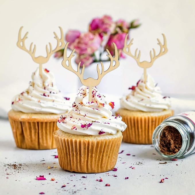 AUMIO Deer Cupcake Toppers Wooden Baby Shower Woodland Antler Cake Picks Party Decorations Wedding Hunting Boho Rustic Country Birthday Party Supplies Set of 24