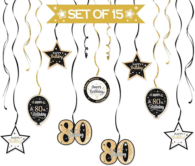 Happy 80th Birthday Black & Gold Glitter Swirls Streamers Party Decorations - 15 Pcs 80th Birthday Hanging Swirls Streamers Kit,Cheers to Eighty Years Old Bday Party Sign.