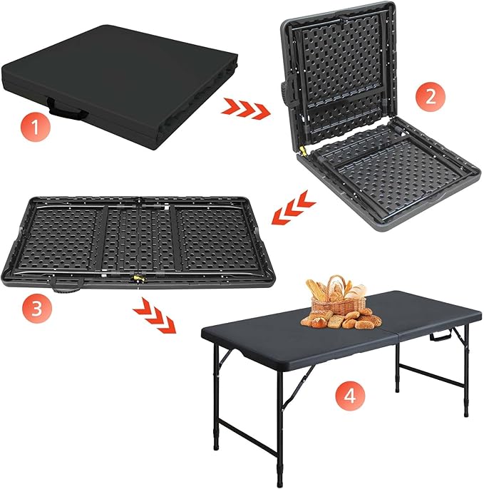 Portable 4Ft Folding Table, Heavy Duty Plastic Fold-in-Half Utility Foldable Table Small, Adjustable Height Plastic Folding Table with Carrying Handle for Camping & Party Indoor/Outdoor(Black)