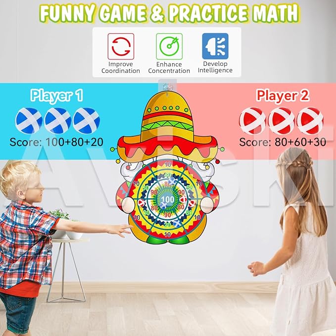 Cinco de Mayo Dart Board Set, Mexican Gnome Party Board with 12 Stick Balls, Hook, Kids Mexico Party Indoor Outdoor Games, Mexican Birthday Party Suppiles for Boys/Girls/Adults Fun