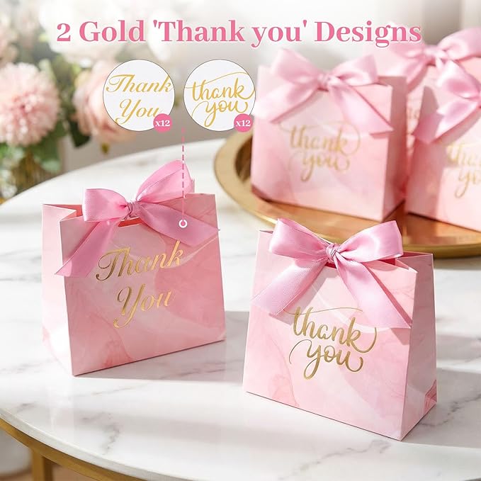 VGOODALL 24PCS Thank You Gift Bags, 4.5x3.9x1.8Inches Mini Party Favor Bags Pink Treat Boxes with Bow Ribbon for Wedding Bridal Baby Shower Birthday Party