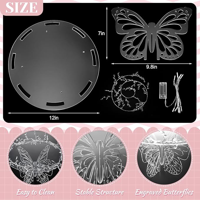 Lineshading 12 Butterfly Cake Stand Acrylic Lighted Cake Holder Acrylic Serving Platter with String Lights Water Drop Diamond String Cupcake Stand Round for Wedding Birthday Dessert Table