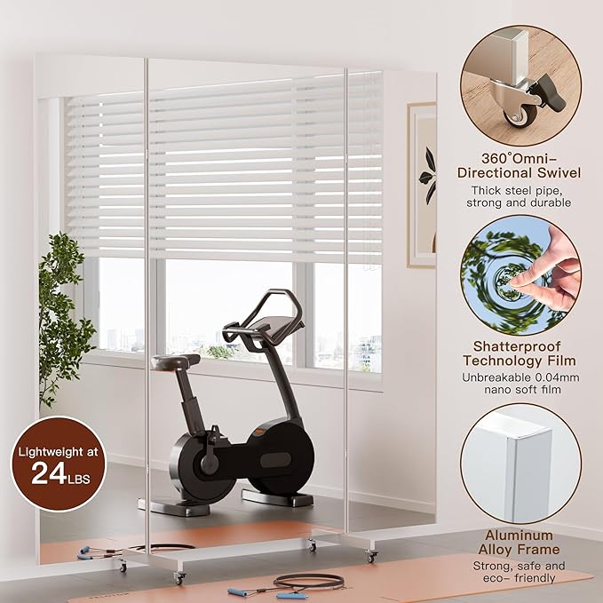 brisafe NanoMirror Non-Glass Ultra-Light Foldable Home Gym on Wheels, 79"x79" Extra Large Full Body Unbreakable Shatterproof Mirror, 360° Swivel for Yoga, Dance, Fitness Studio & Home Gym, White
