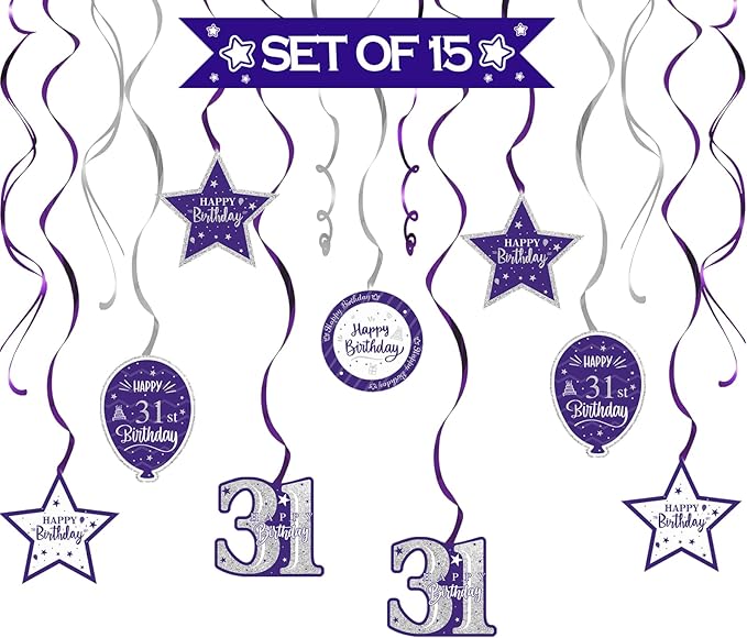 Happy 31st Birthday Purple & Silver Glitter Swirls Streamers Party Decorations - 15 Pcs 31st Birthday Hanging Swirls Streamers Kit,Perfect for 31st Bday Party Sign.