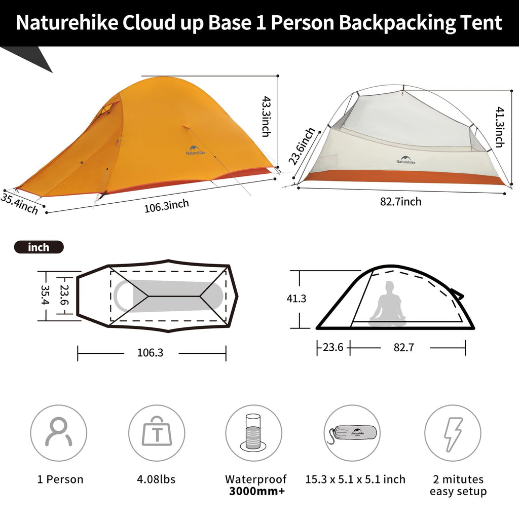 Naturehike Cloud-Up 1 Person Tent, Lightweight Backpacking Tents for One Man, Waterproof Ultralight One Person Tent for Camping Hiking Backpacking