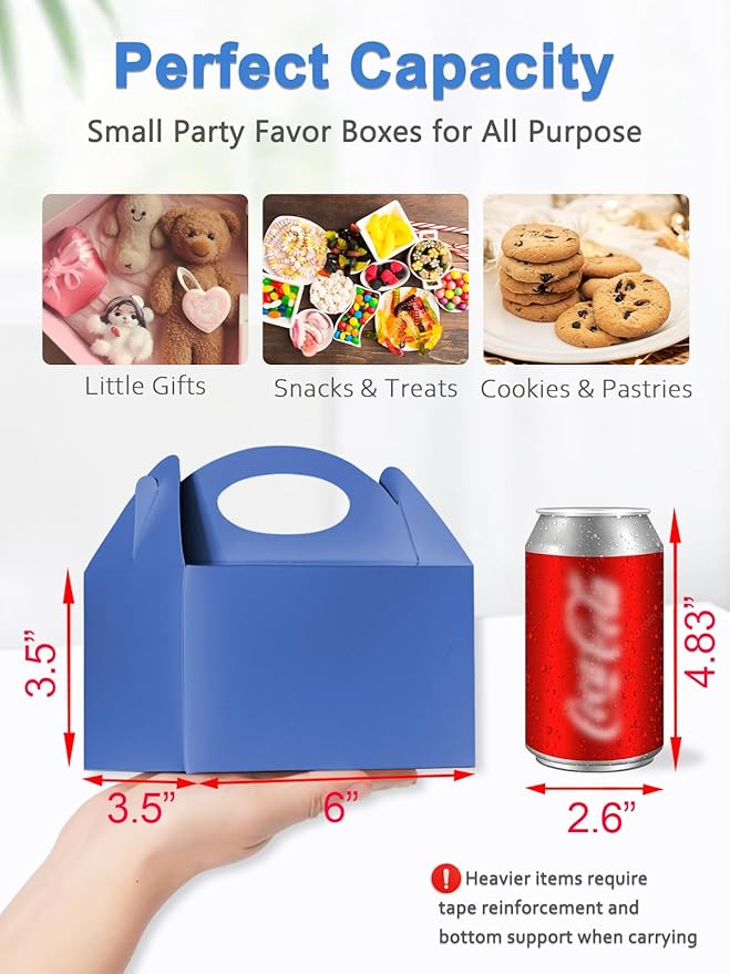 Shallive 25 Pcs Small Party Treat Boxes, 6 Inch Candy Cookie Goodie Gift Bags Gable Box for Kids Birthday Party, Blue