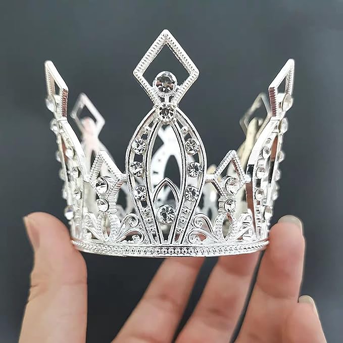 Mini Crown Cake Topper Crystal Headpiece Tiara Rhinestone Crown Cake Decoration for Wedding Birthday Baby Shower Party Favors (Silver)