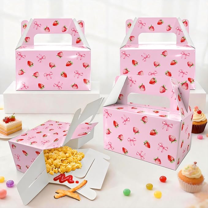 BGFMVS 12 Pack Candy Gift Boxes with Handles, Pink Strawberry Bow Party Favors for Birthdays & Parties, Suitable for Adults & Kids, Snack Holders for Cookies & Cupcakes, Pink Bow Decorations